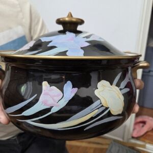 Floral Black Ceramic Pot with Lid